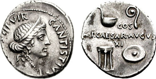 Silver denarius of Augustus featuring Venus on one side.