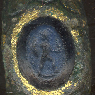 Close-up of a Roman ring intaglio depicting Mars.